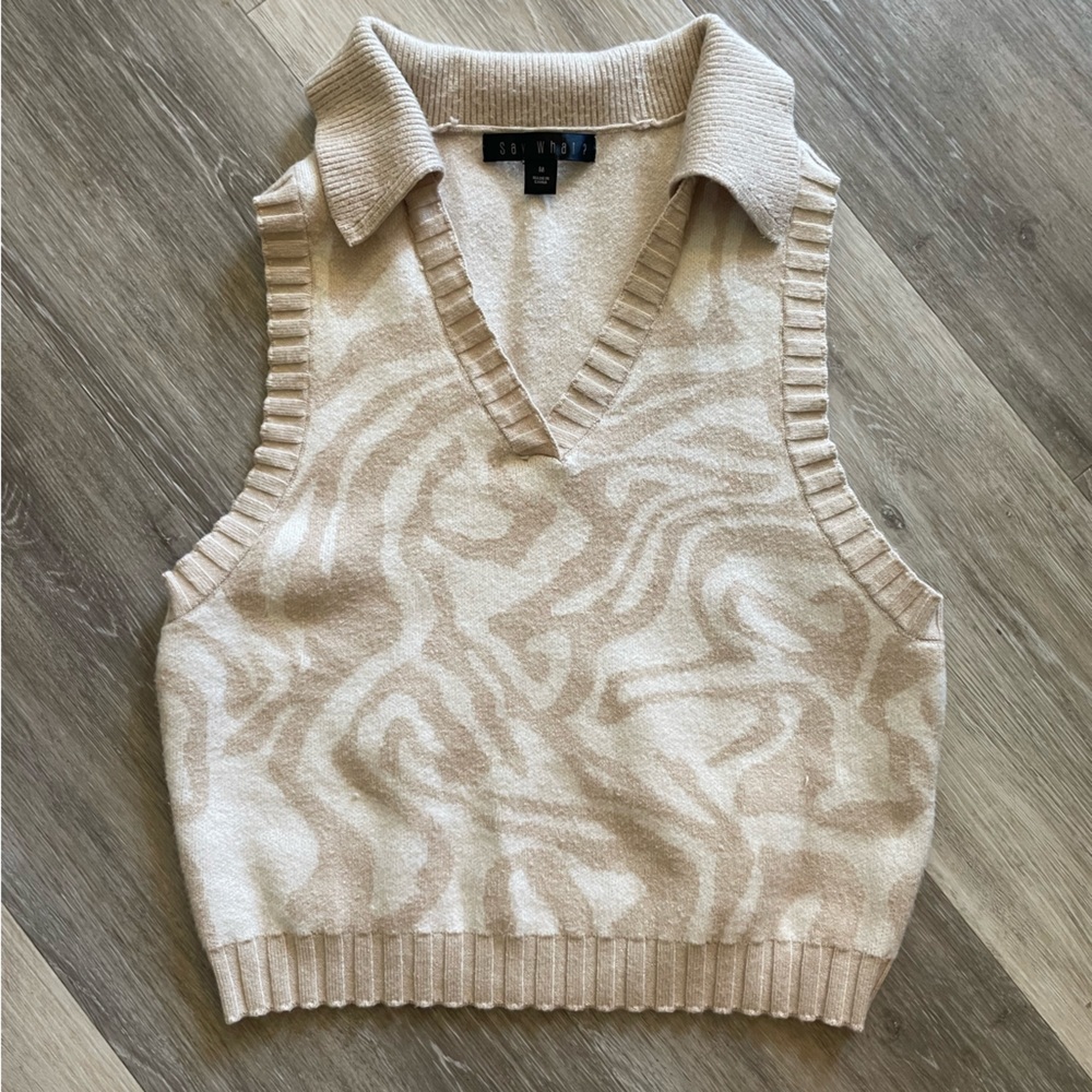 Tan Zebra Sleeveless Collared Sweater Size Medium